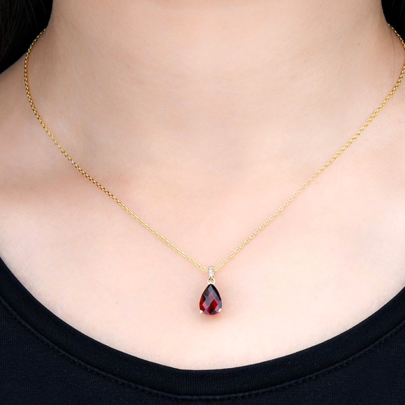 Natural Garnet and Diamond Pendant 14k Yellow Gold , January Birthstone - Picture 7 of 10